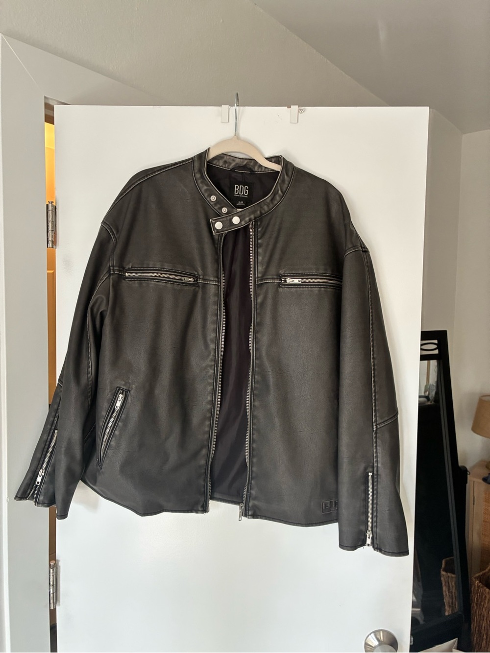 BDG Leather Bomber Jacket with Zip Details